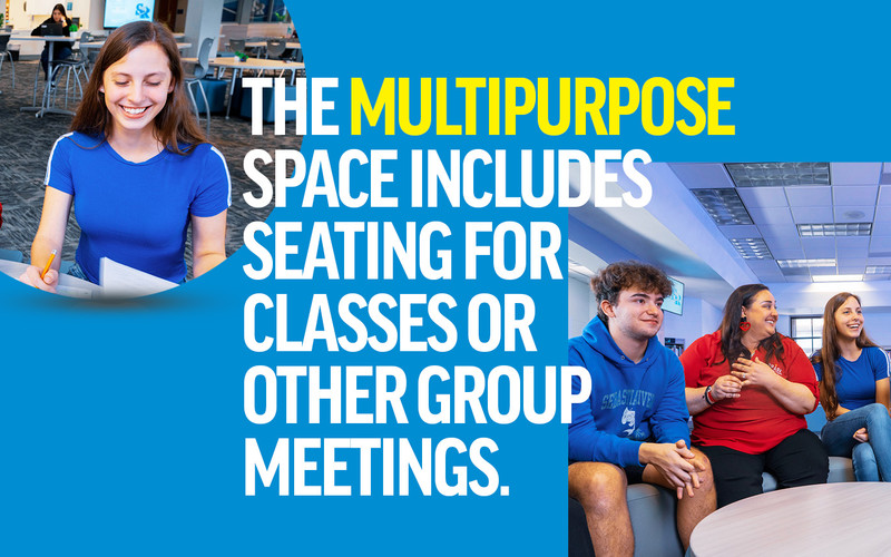  The multipurpose space includes seating for classes or other group meetings.