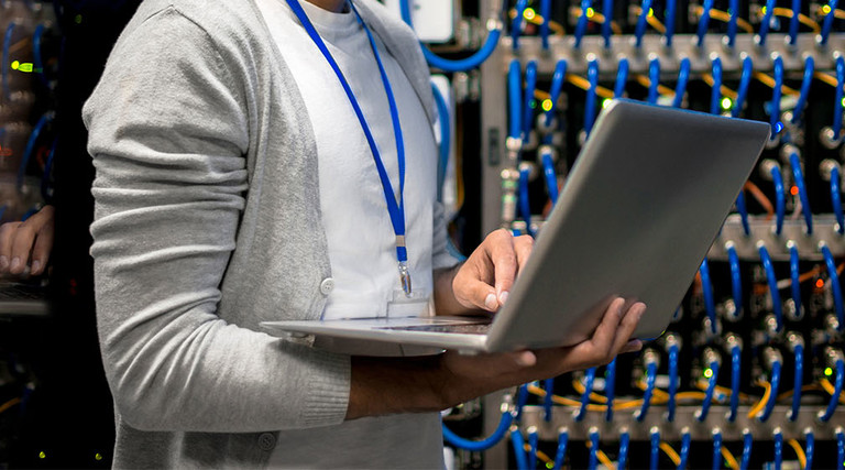 Student working in data center