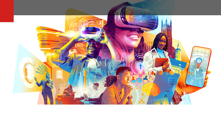 Illustration of college students using technology