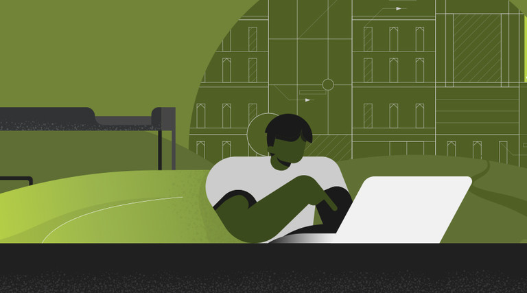 Illustration of a student learning remotely at Portland State University