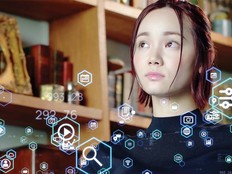 A woman surrounded by illustrations of tech icons