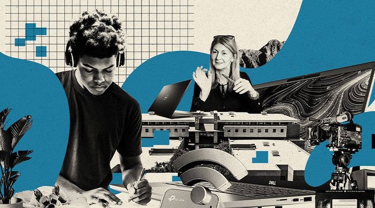 Illustration of a student and instructor in hybrid learning