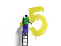 Cartoon person on a ladder painting a number five