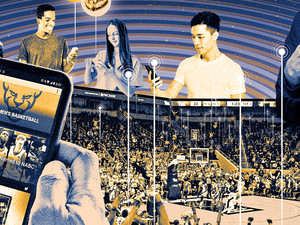 An illustration of mobile device usage overlayed at a basketball game