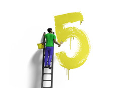 Cartoon person on a ladder painting a number five