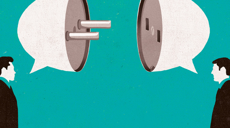Illustration of two people talking beneath an electrical plug and outlet