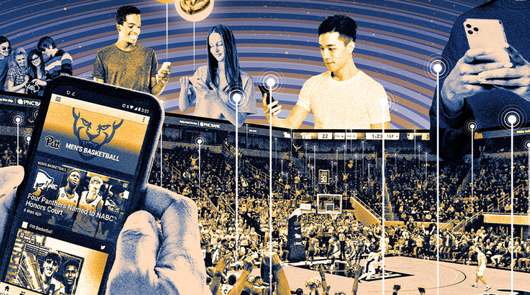 An illustration of mobile device usage overlayed at a basketball game