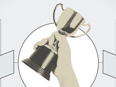 A hand holds up a trophy in the middle of a bracket