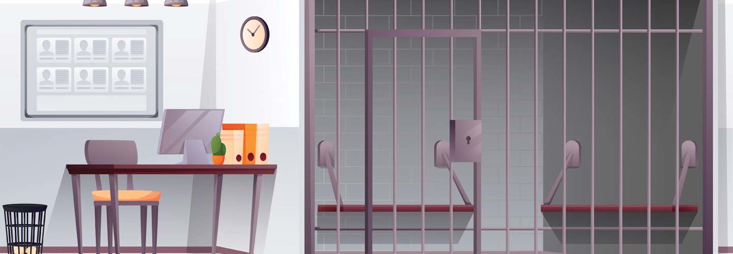 An illustration of a jail cell and desk