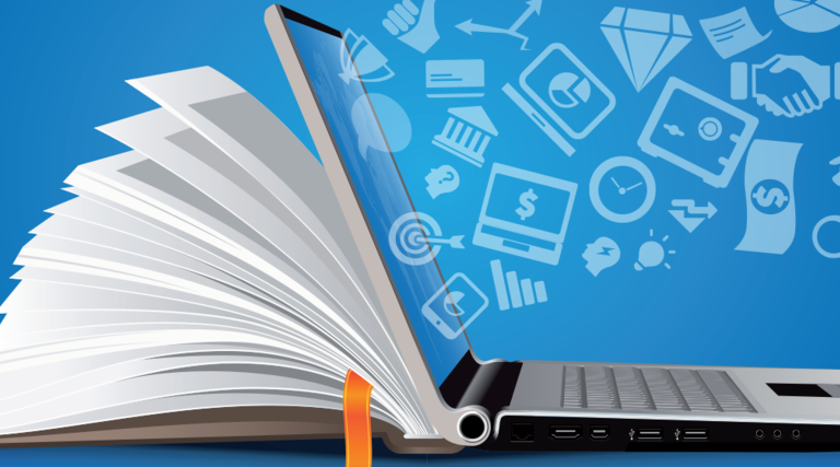 Laptop to book online learning concept art