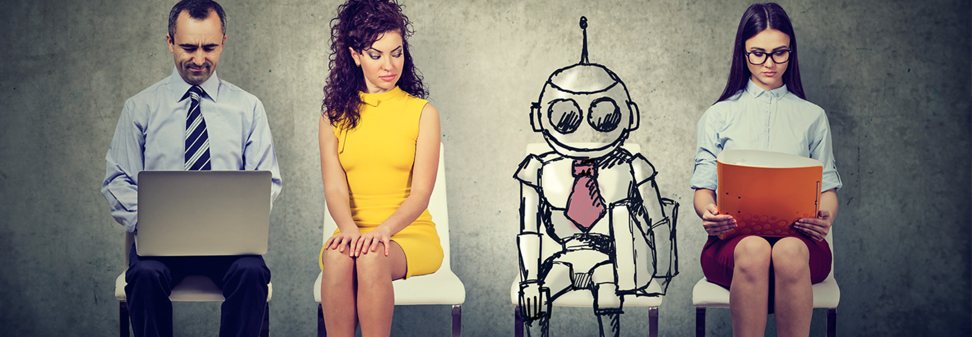 Robot mixed in the crowd of seated, inferior humans