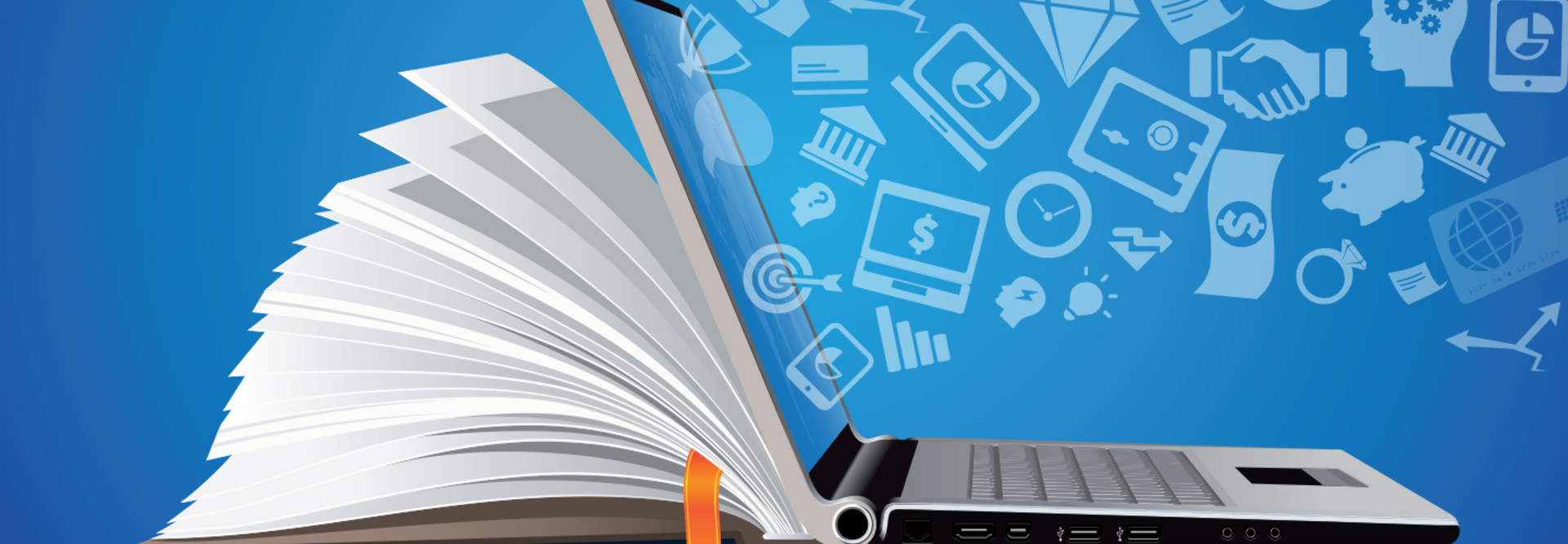 Laptop to book online learning concept art