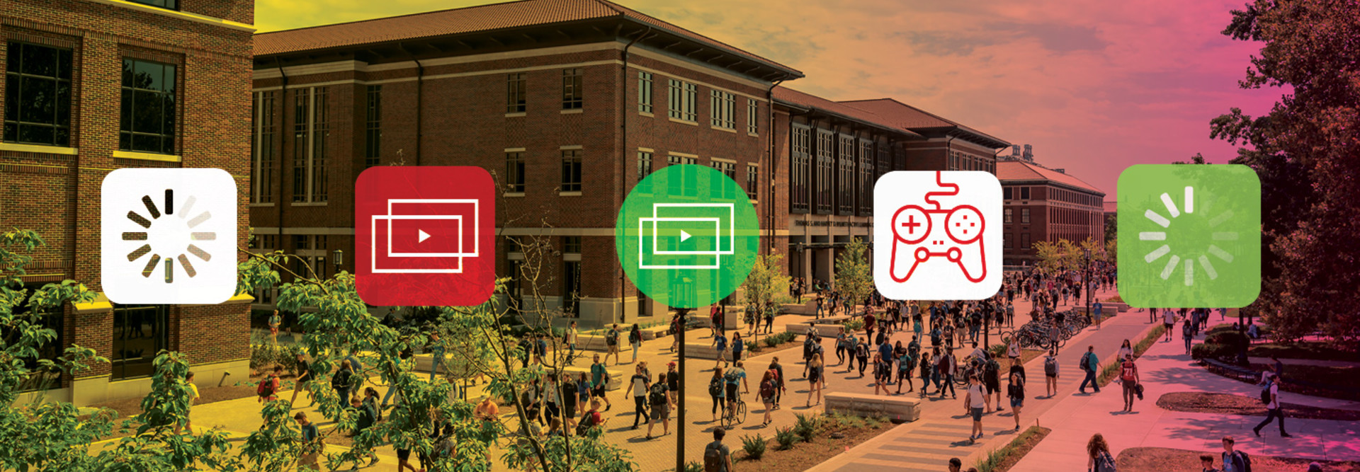 Media icons with university background.