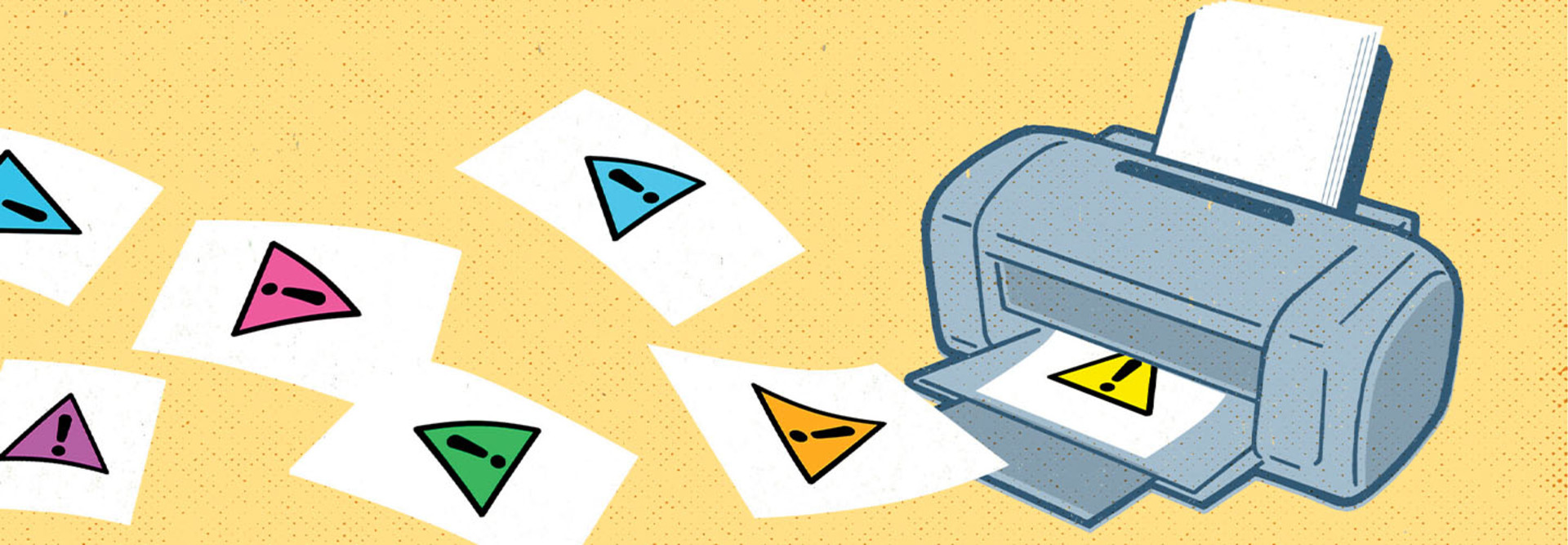 Illustration of a printer printing caution signs