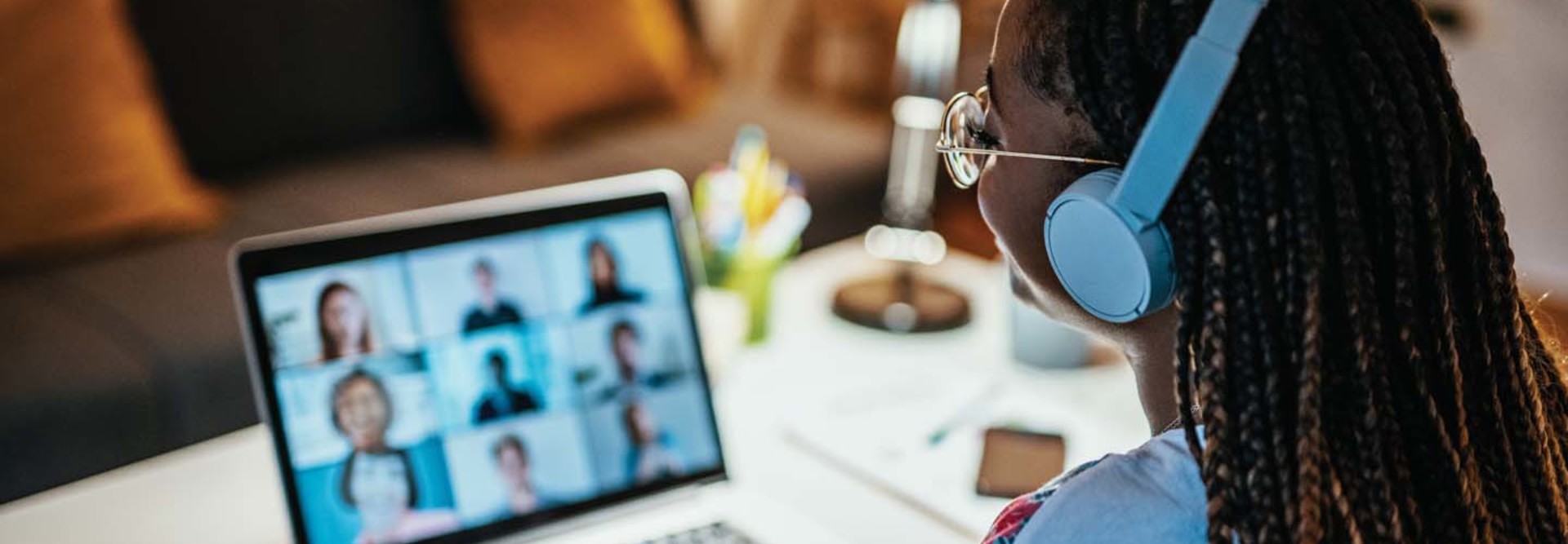A woman participates in a virtual call