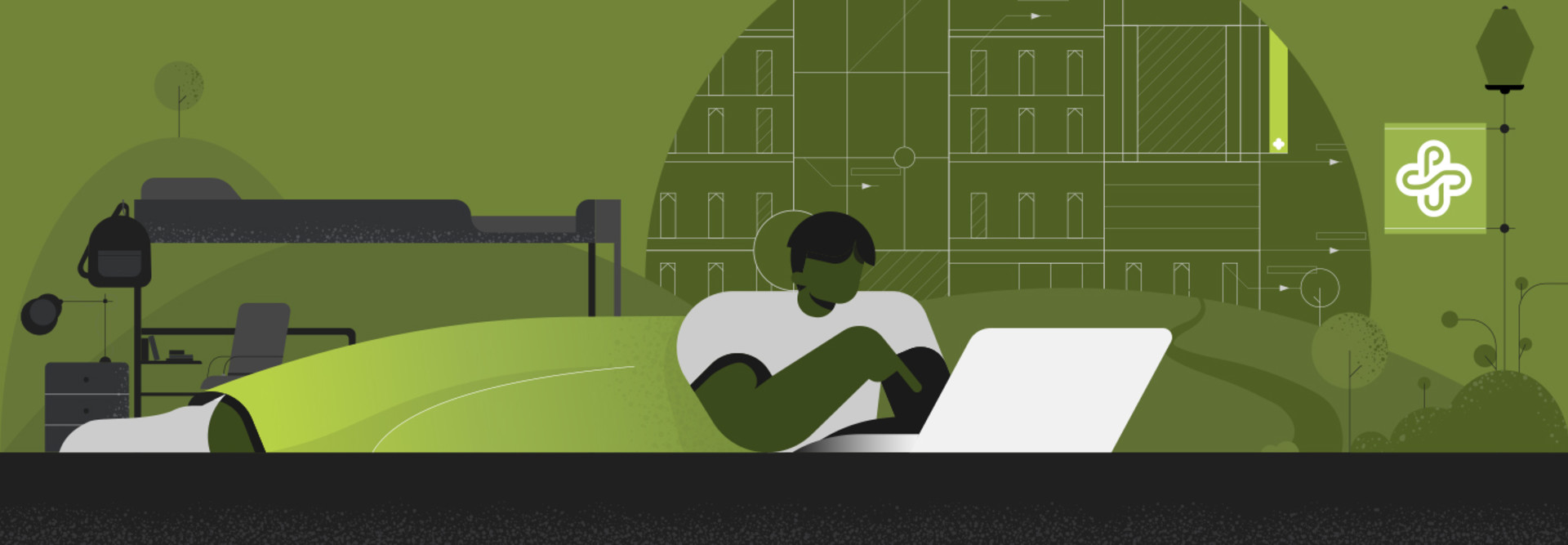 Illustration of a student learning remotely at Portland State University