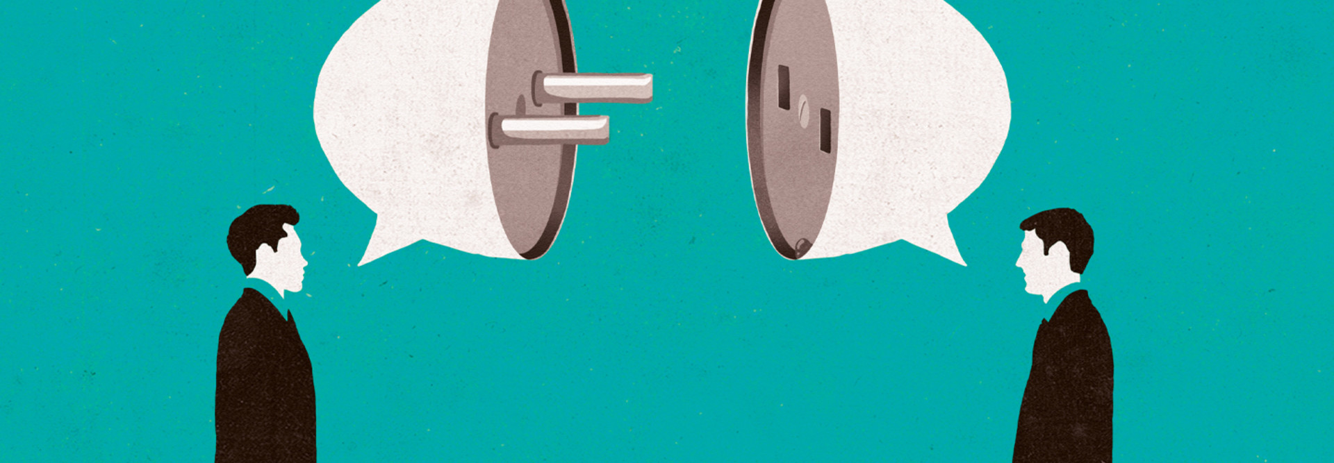 Illustration of two people talking beneath an electrical plug and outlet