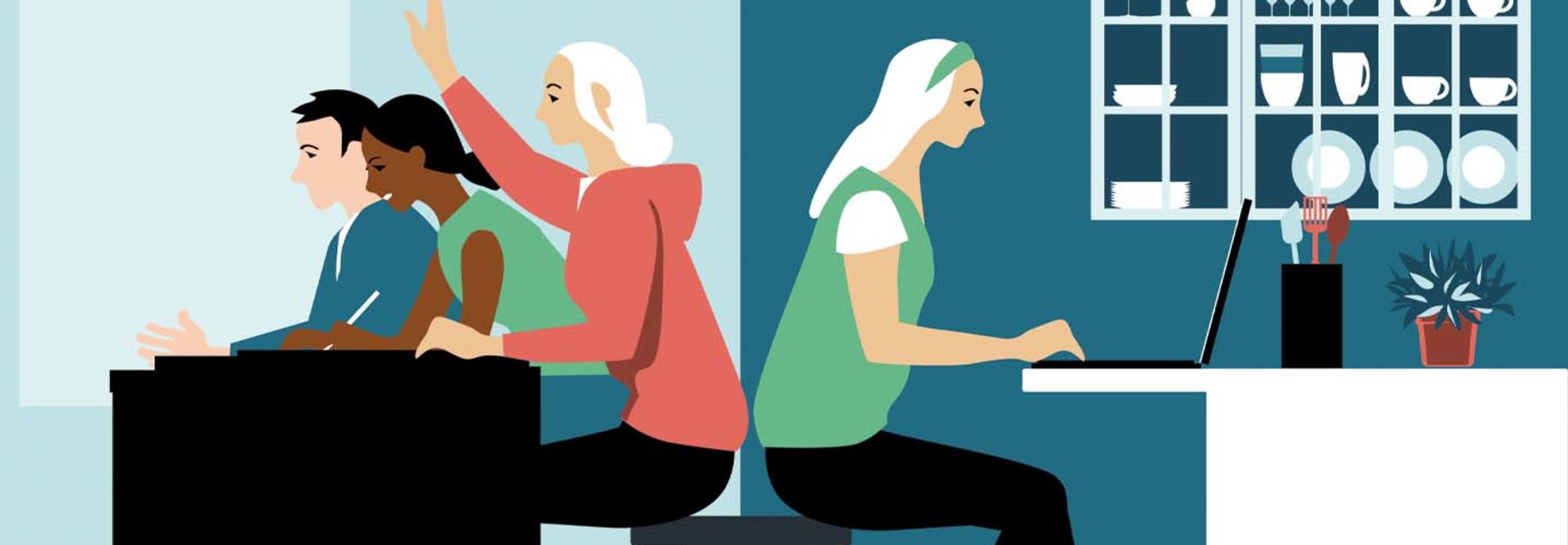 An illustration of in-person and remote learning