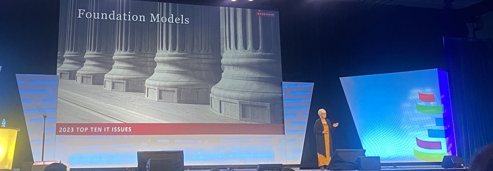 Susan Grajek standing onstage presenting