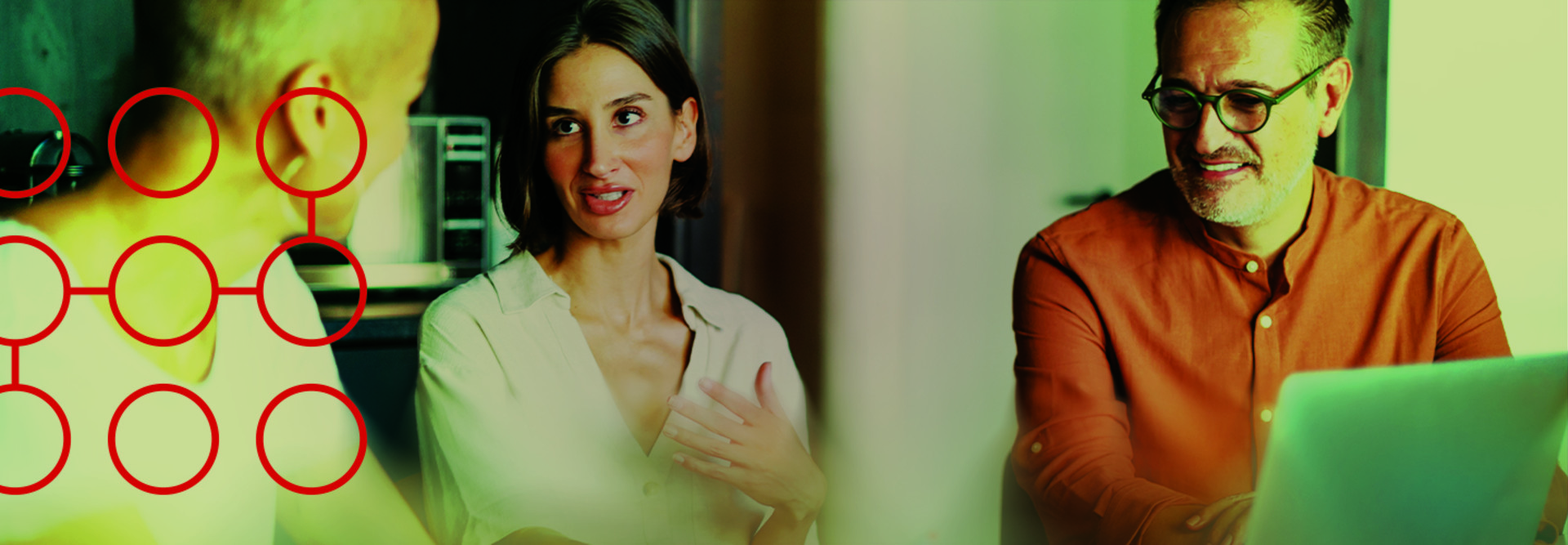 Three people engaged in a conversation