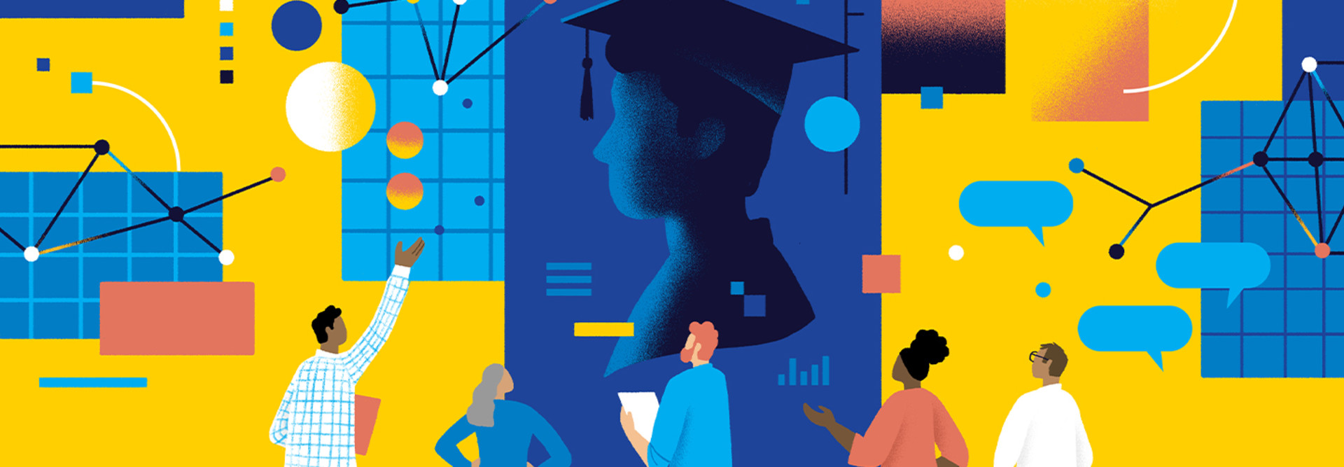 Illustration of people looking at a silhouette of a graduating student