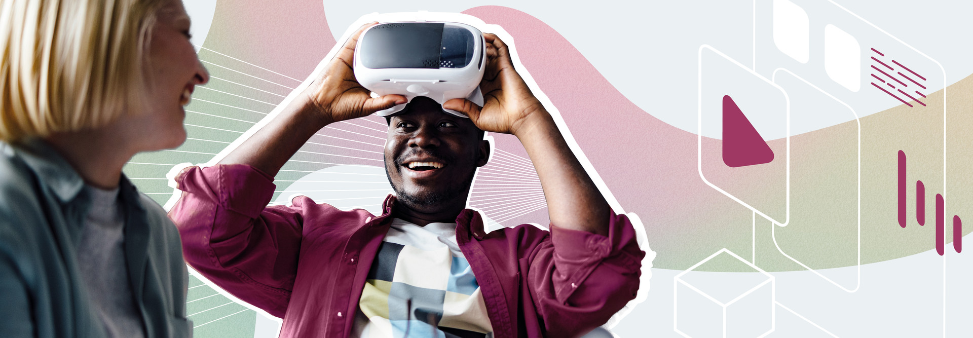 A man lifts a virtual reality headset off his eyes