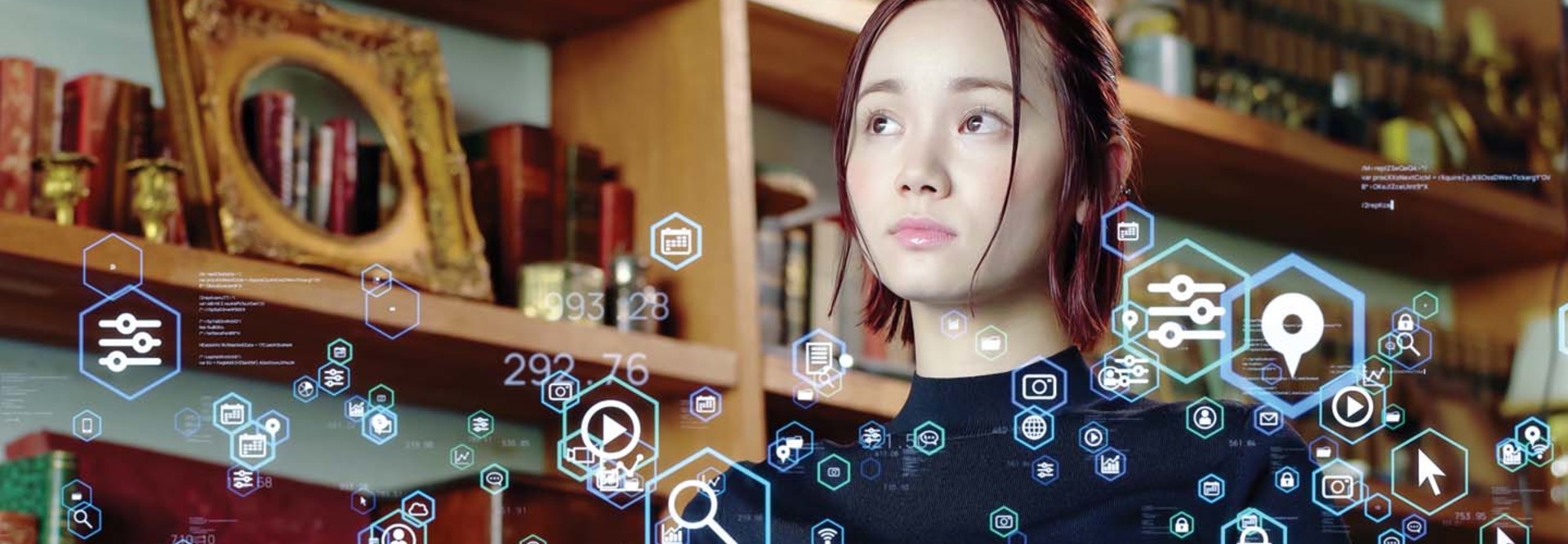 A woman surrounded by illustrations of tech icons