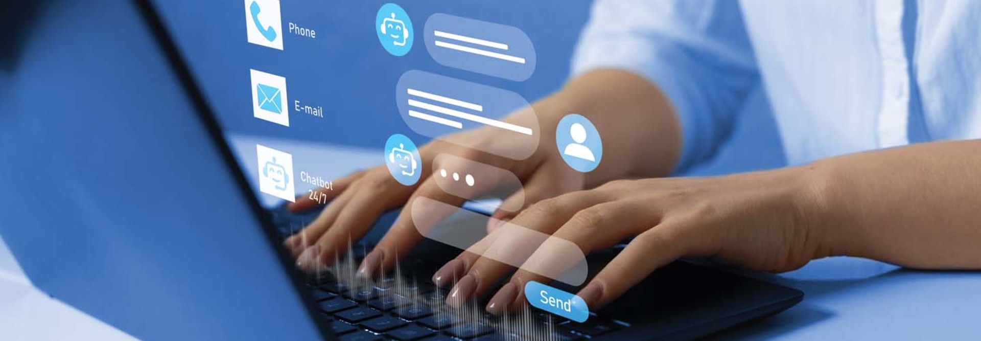 Illustration of chatbot superimposed over hands typing at laptop