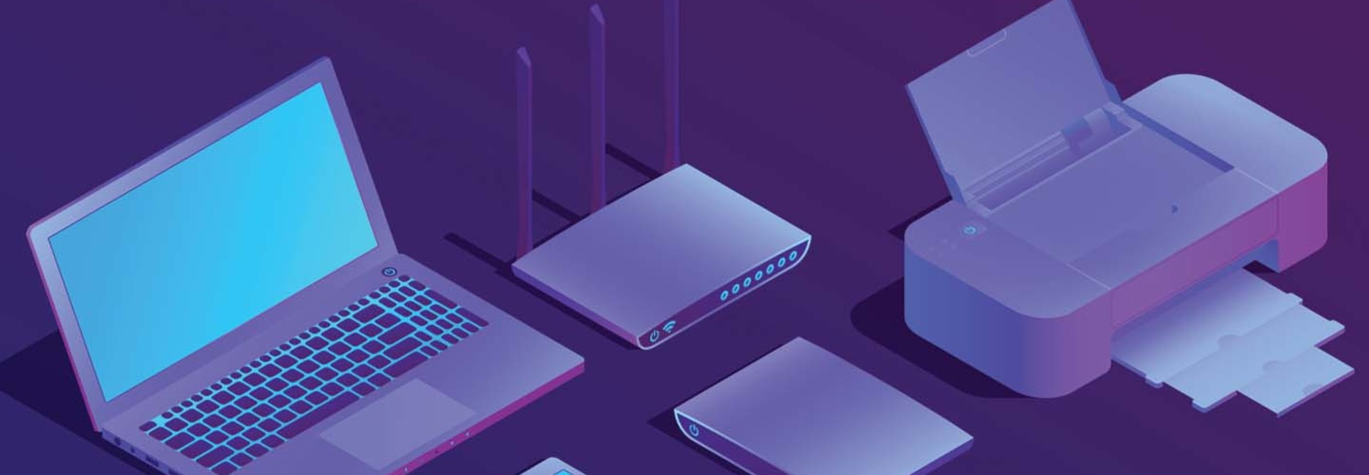 Illustration of laptop, printer, other devices