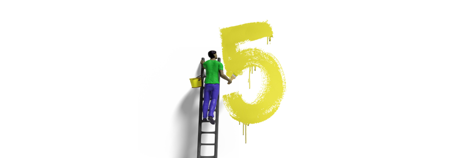 Cartoon person on a ladder painting a number five