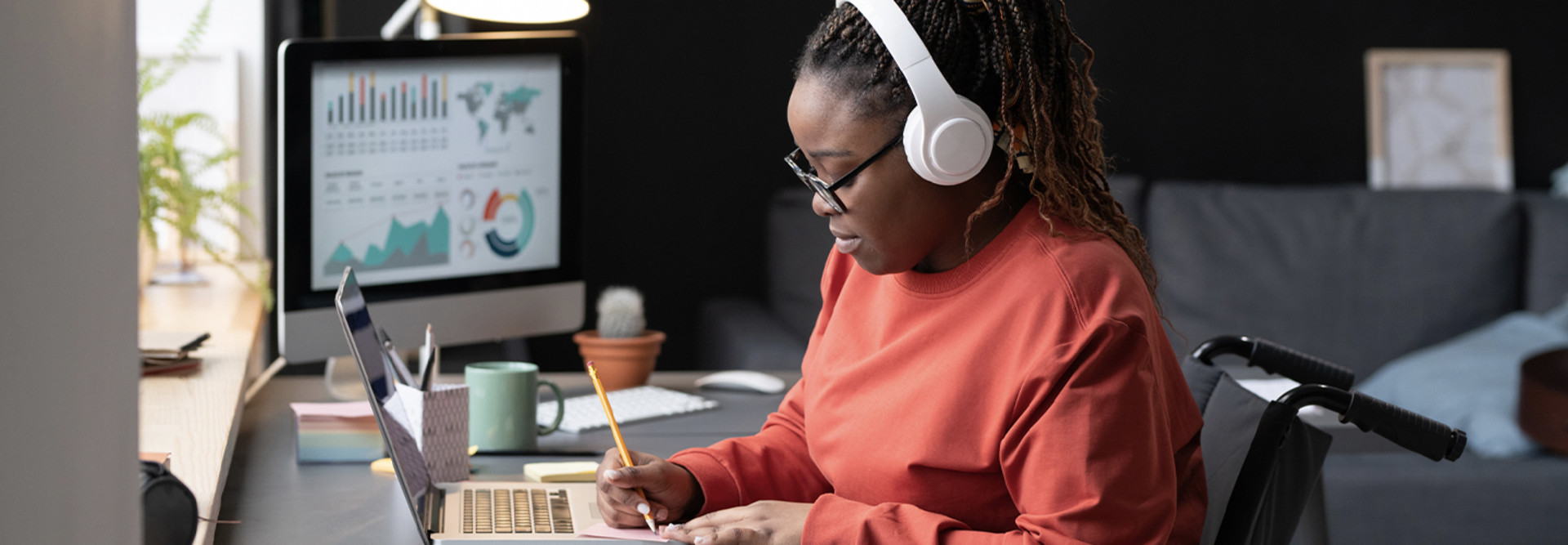 Student studying with headphones