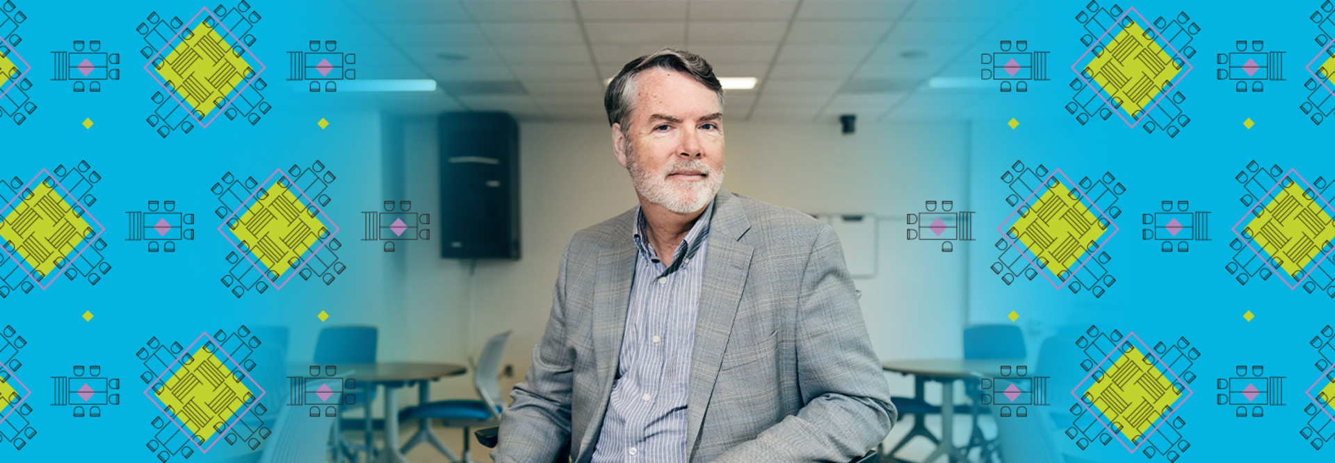 Classroom illustration surrounds portrait of Brian Beatty