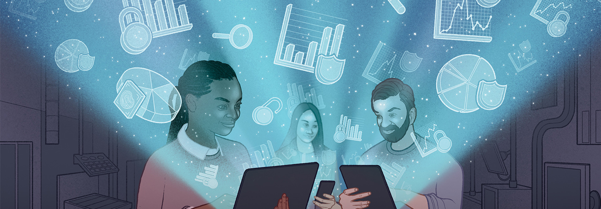 Three people using multiple devices
