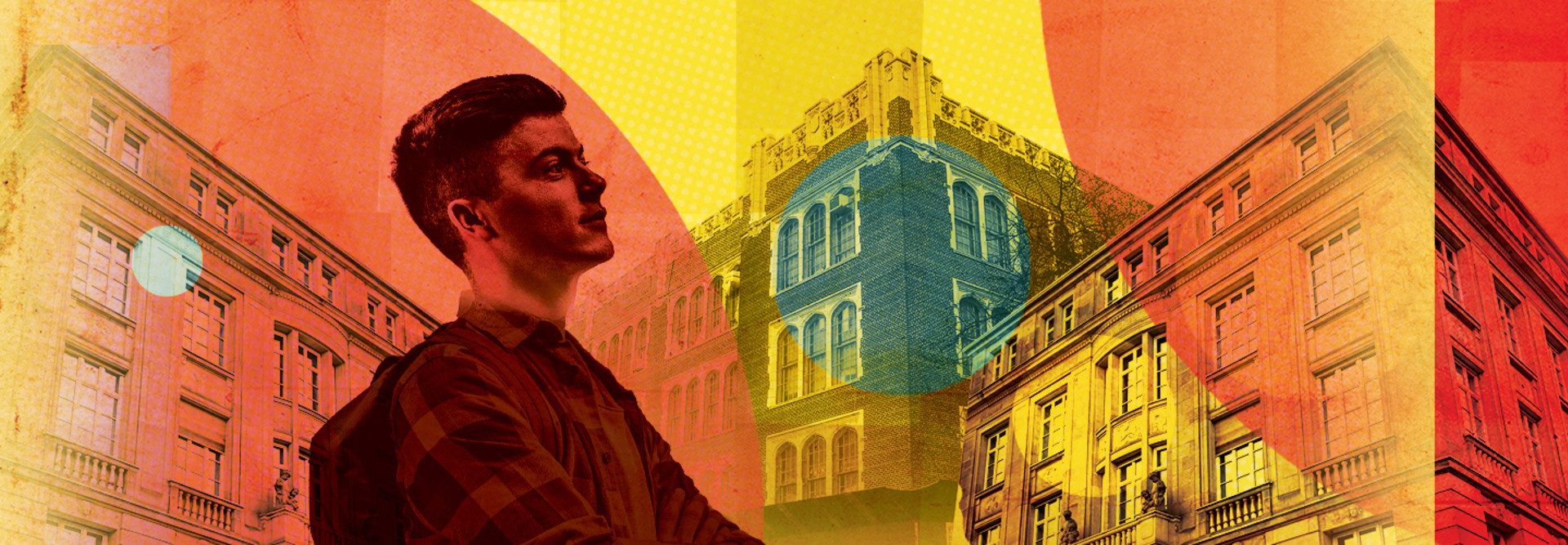 Illo man looking up with buildings