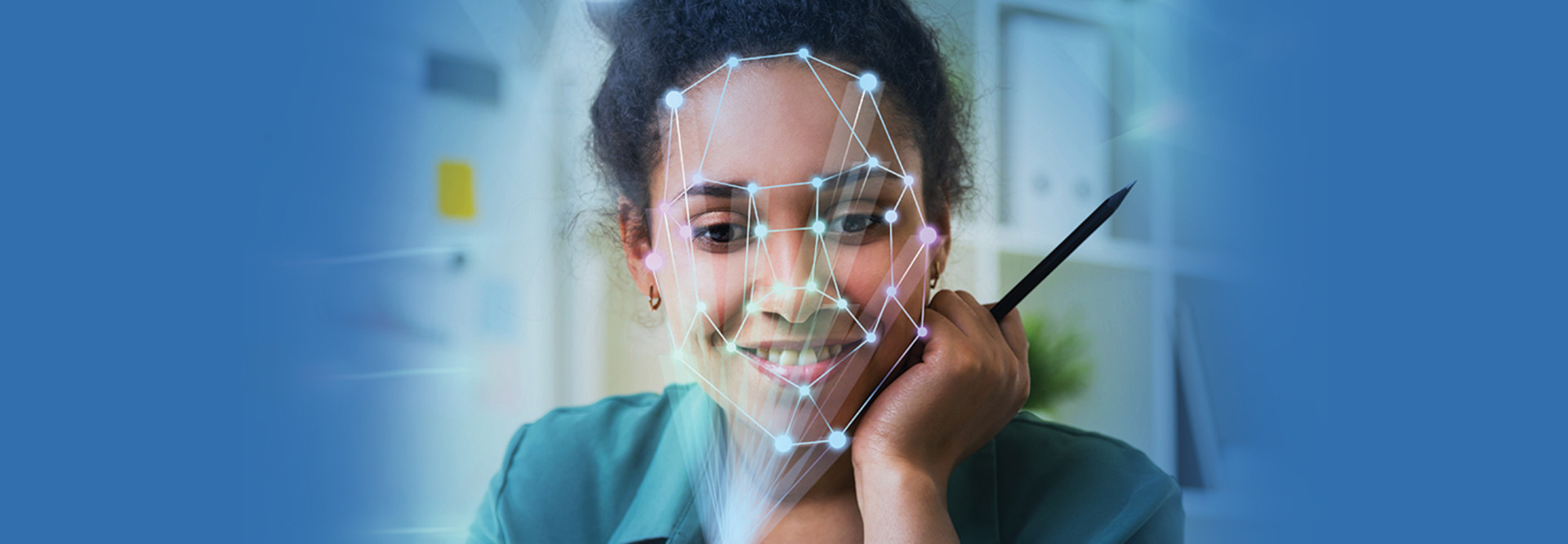 Illustration of a person's face being mapped for biometrics