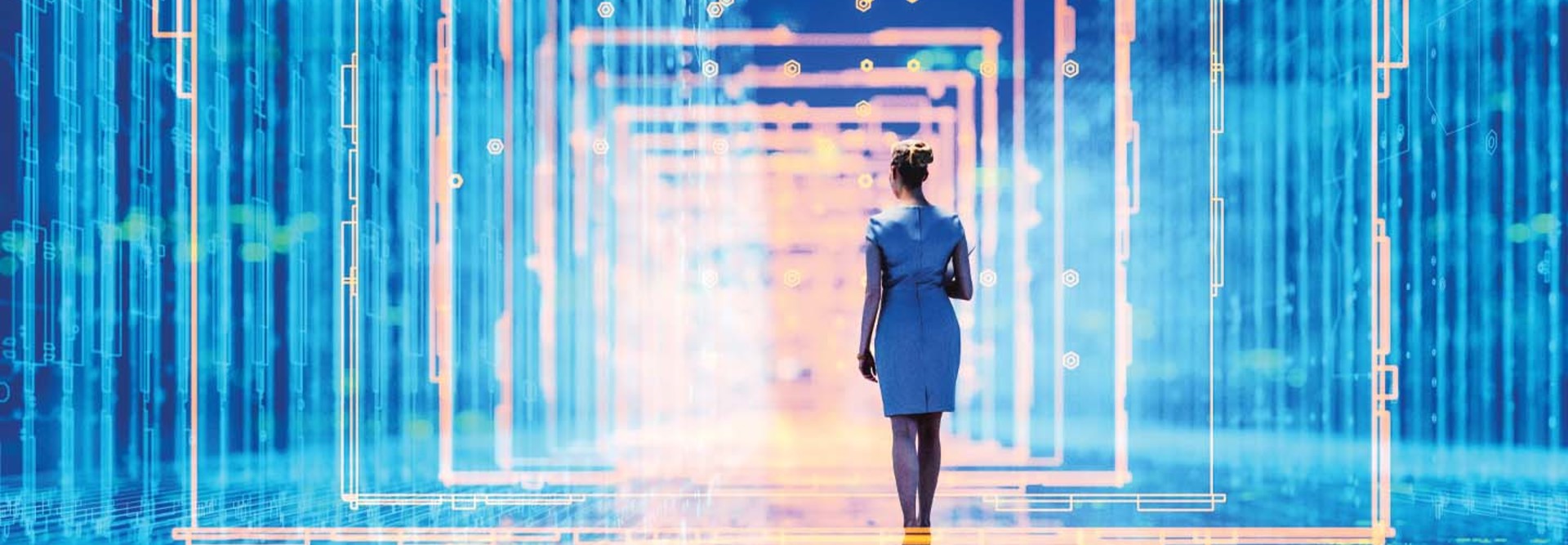 Abstract image of woman walking through technology