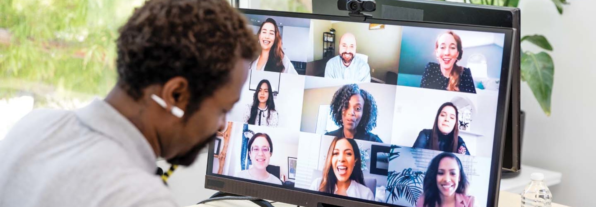 A person participates in a video conference