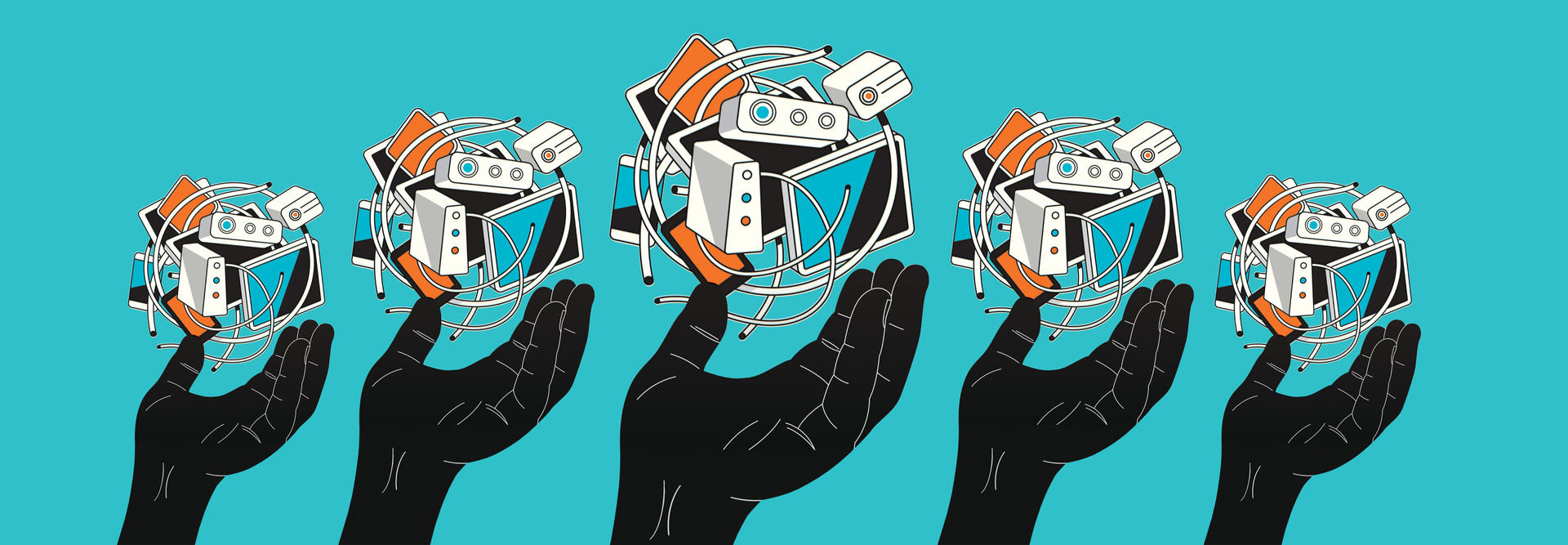 Several illustrated hands hold up devices