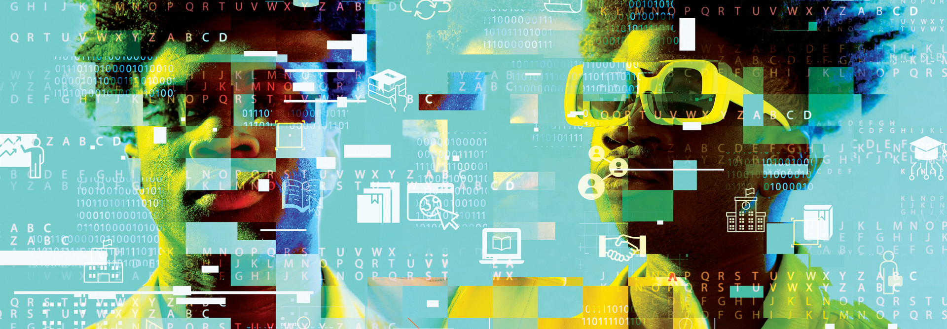 Illustration of a pixelating college student