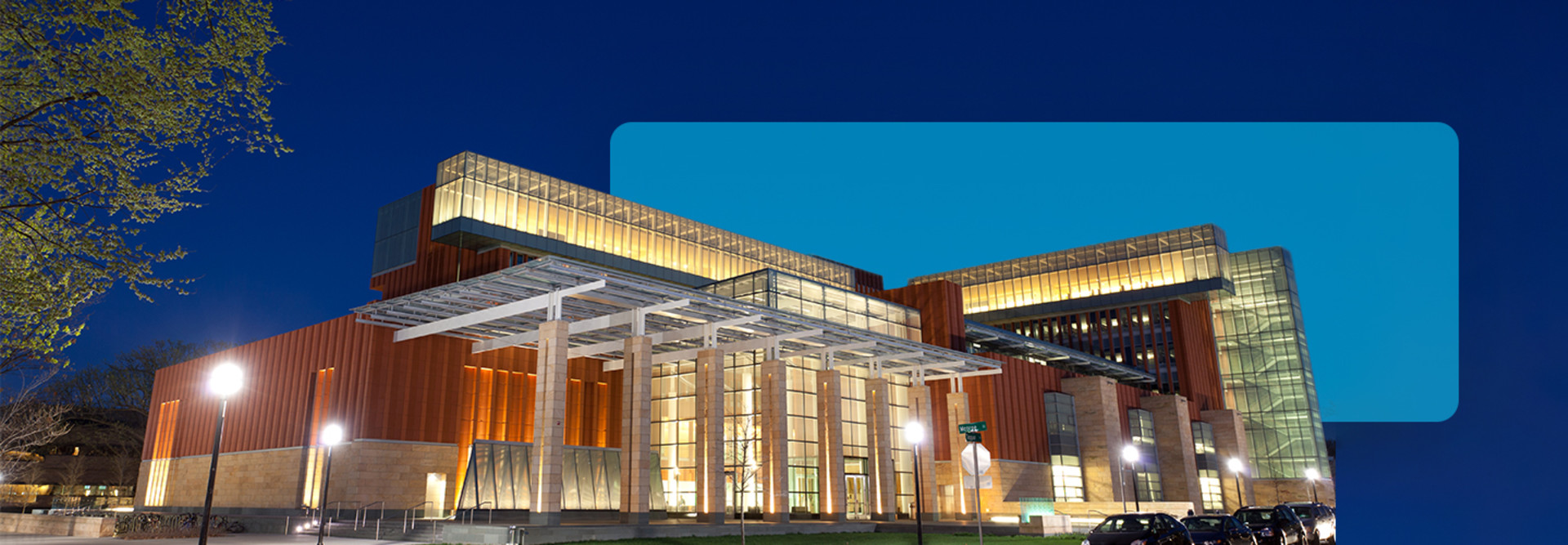A college building illuminated at night
