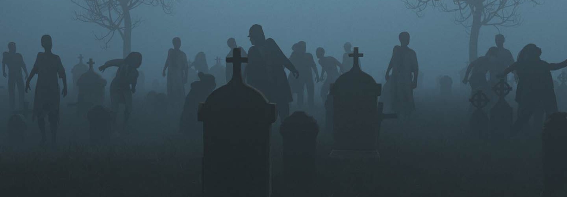 Silhouetted zombies rise from a foggy graveyard