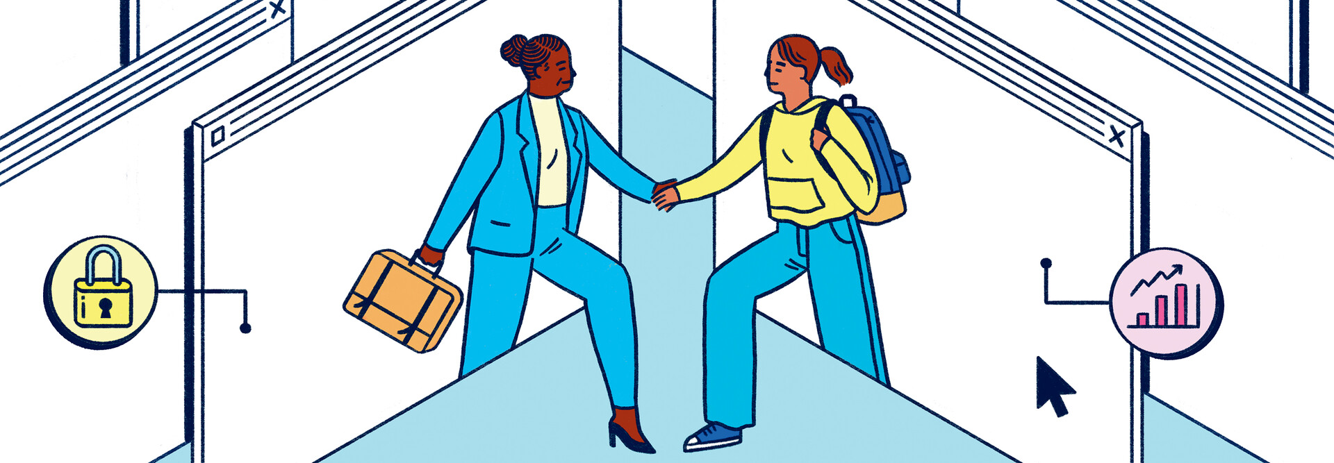 Illustration of two people shaking hands in a virtual cubicle