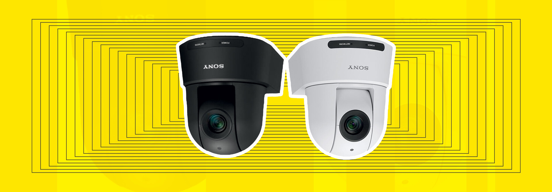 Two ceiling cameras pictured over a yellow background