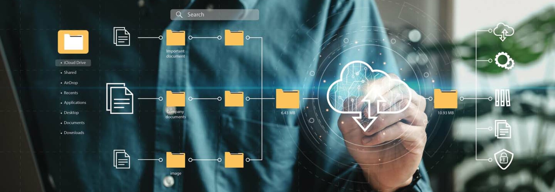 Visualization of a man using a touchscreen to move files into the cloud