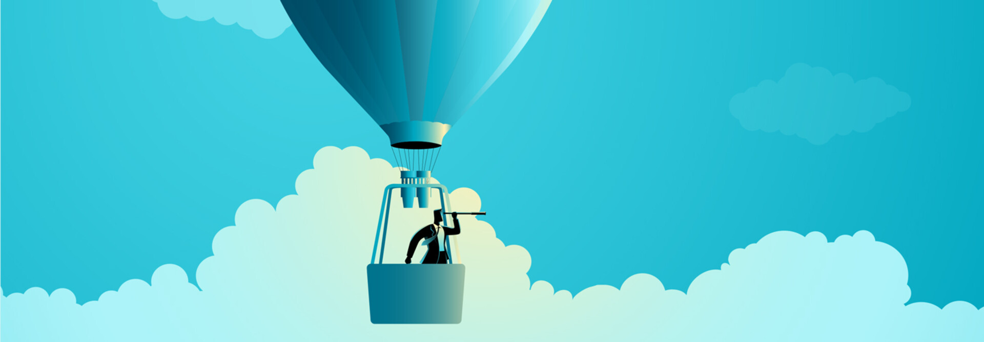 A man in a hot air balloon looks ahead as he soars through the clouds