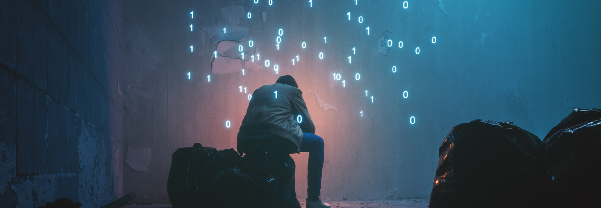 Virtual binary code surrounding human