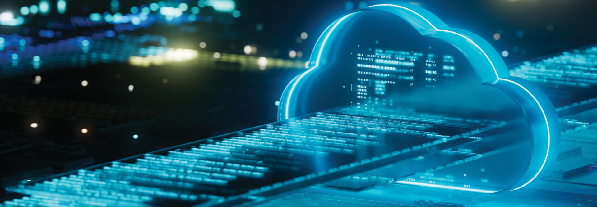 Illustration of a high-tech cloud with some lines of code and futuristic-looking light effects
