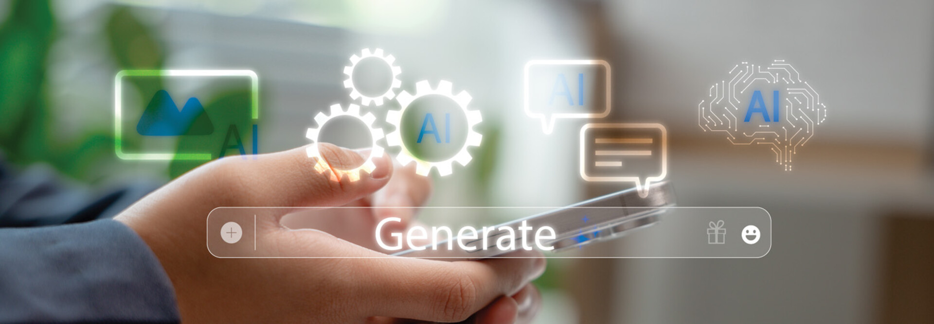 A person's hand holding a smartphone, with icons representing generative AI
