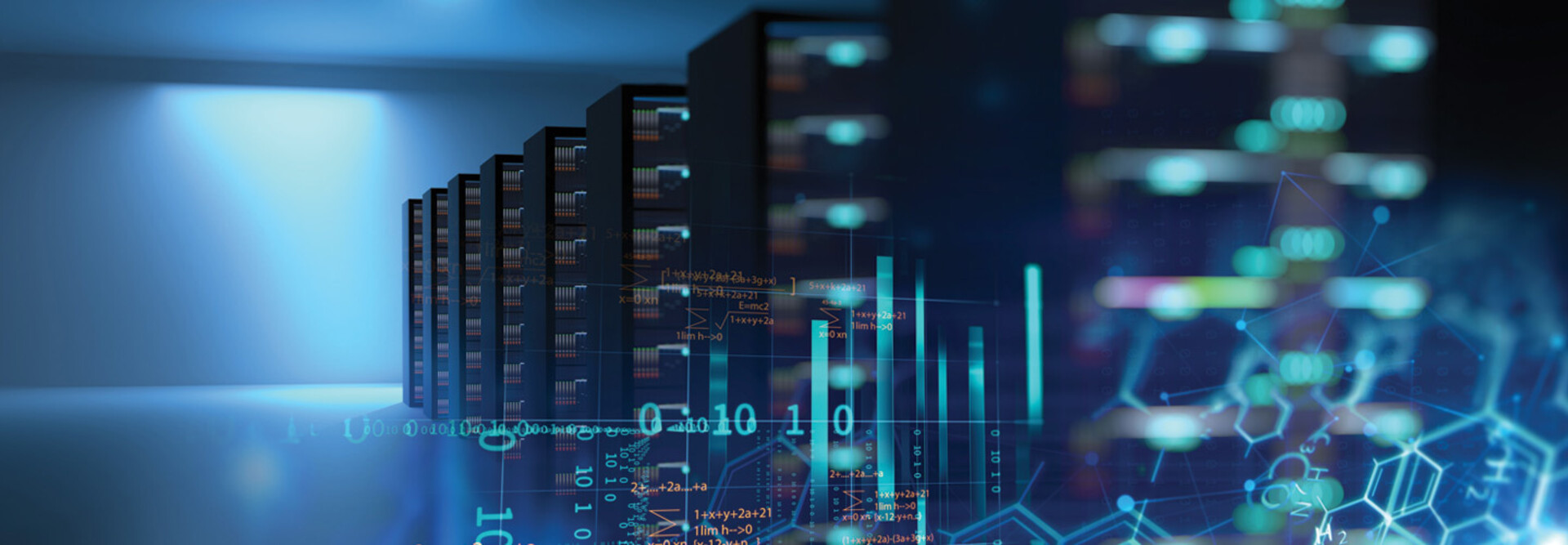 Photo illustration of high-performance computing with lots of blue-ish lights and a few racks of servers