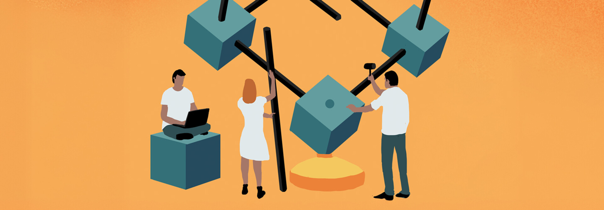Abstract illustration of people putting together some kind of object
